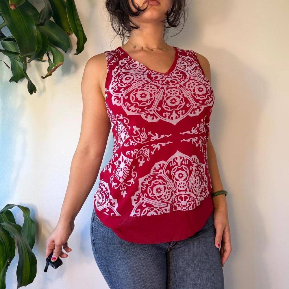 INC International Concepts Red White Mandala Mesh Sleeveless Blouse Large Boho
